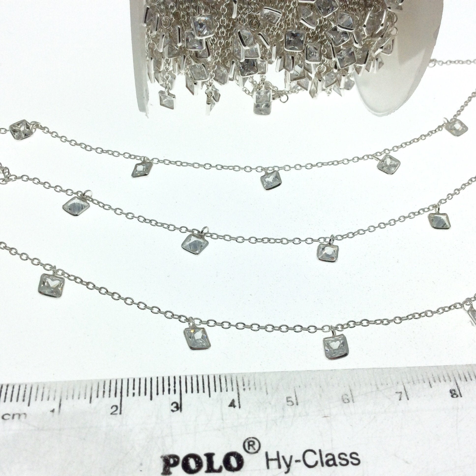 Sterling Silver Bezel Dangle Rosary Chain with 4mm Cut Stone Flat Back Cubic Zirconia Square Dangles - Sold by the Foot