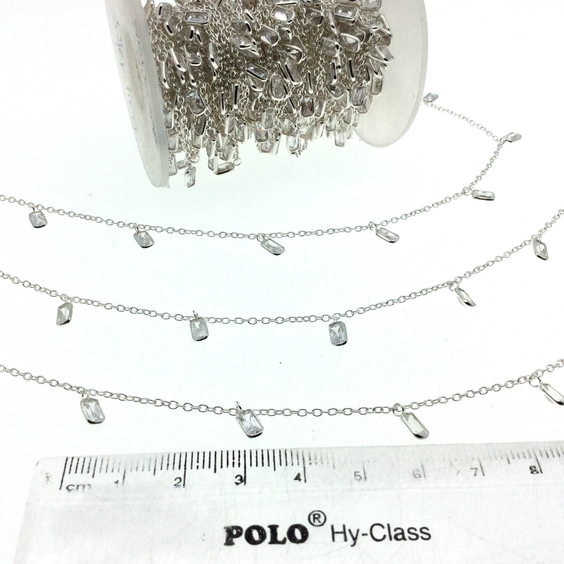 Sterling Silver Bezel Dangle Rosary Chain with 4mm Cut Stone Flat Back Cubic Zirconia Rectangle Dangles - Sold by the Foot
