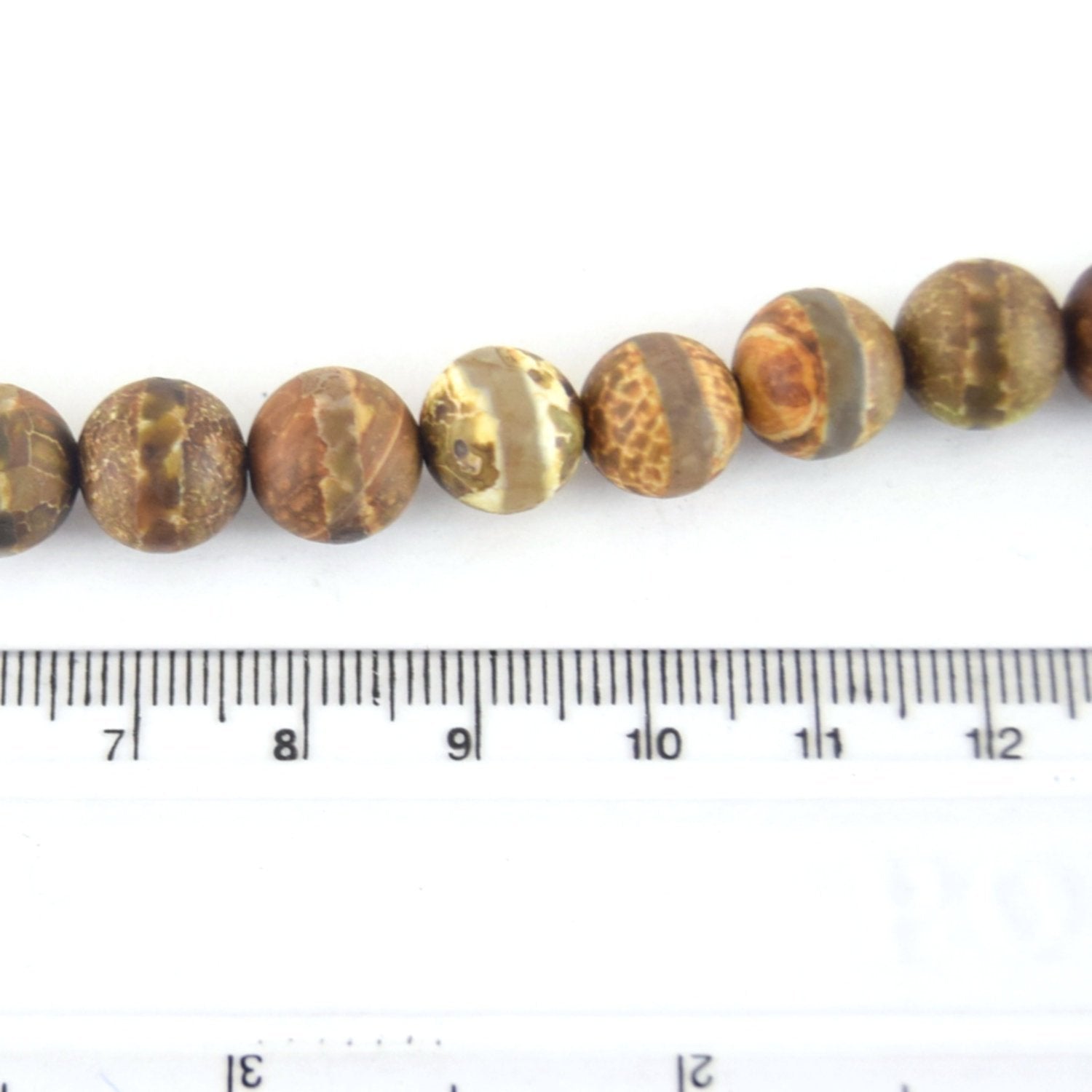10mm Matte Striped Round Reddish Brown/Gray Colored Tibetan Agate Beads - Semi-Precious Gemstone!