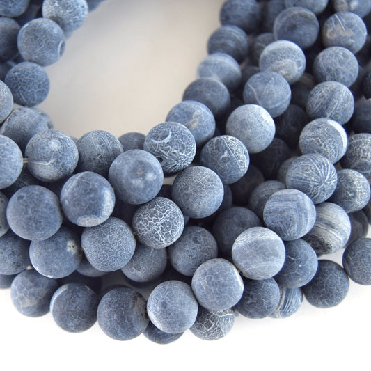 12mm Matte Finish Smooth Round Mixed Steel Blue/White Agate Beads - Natural Semi-Precious Gemstone