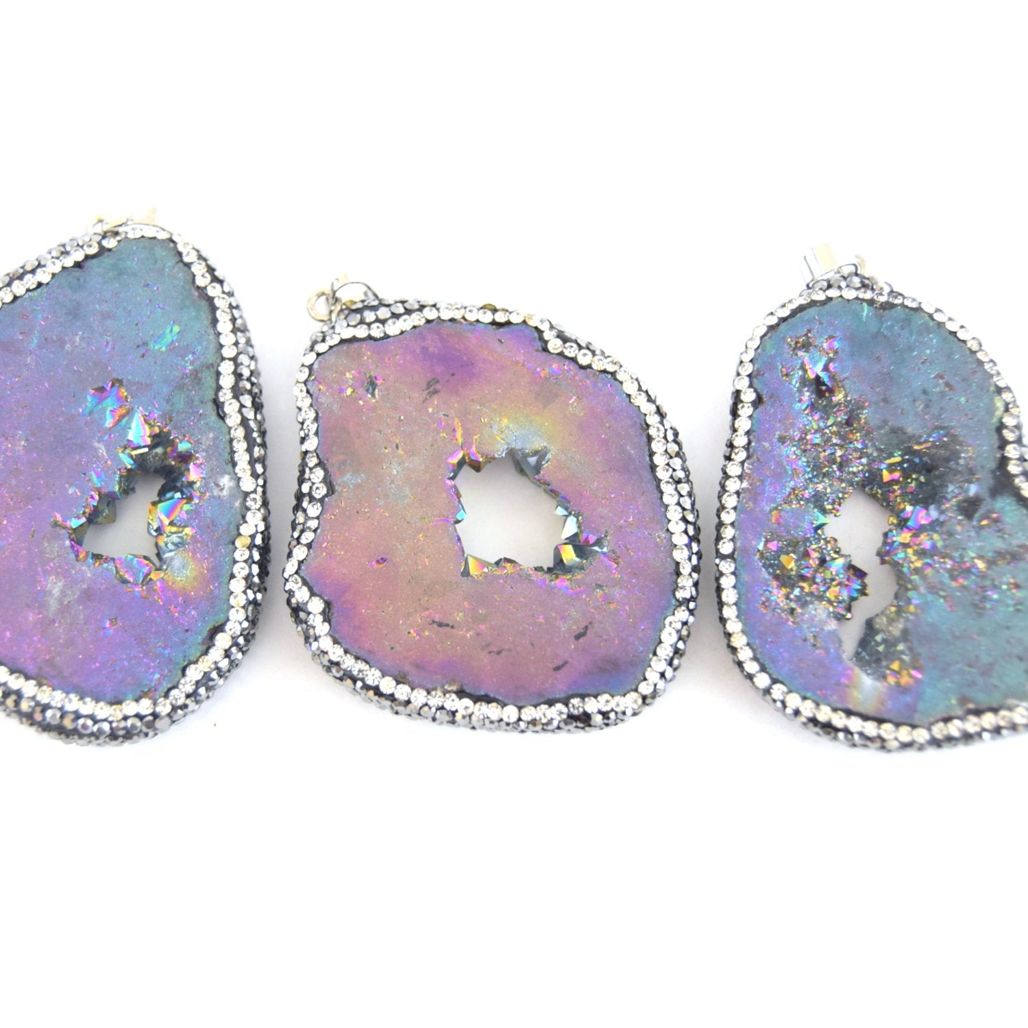 40mm x50mm approx. Pave Rhinestone Encrusted Rainbow Druzy Slab Pendant