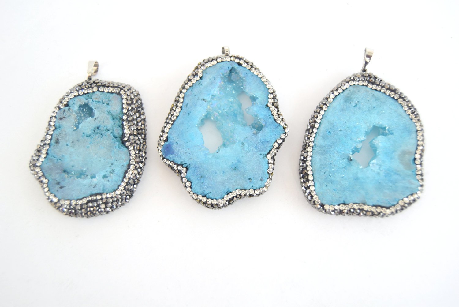 40mm x50mm approx. Pave Rhinestone Encrusted Light Blue Druzy Slab Pendant