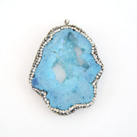 40mm x50mm approx. Pave Rhinestone Encrusted Light Blue Druzy Slab Pendant