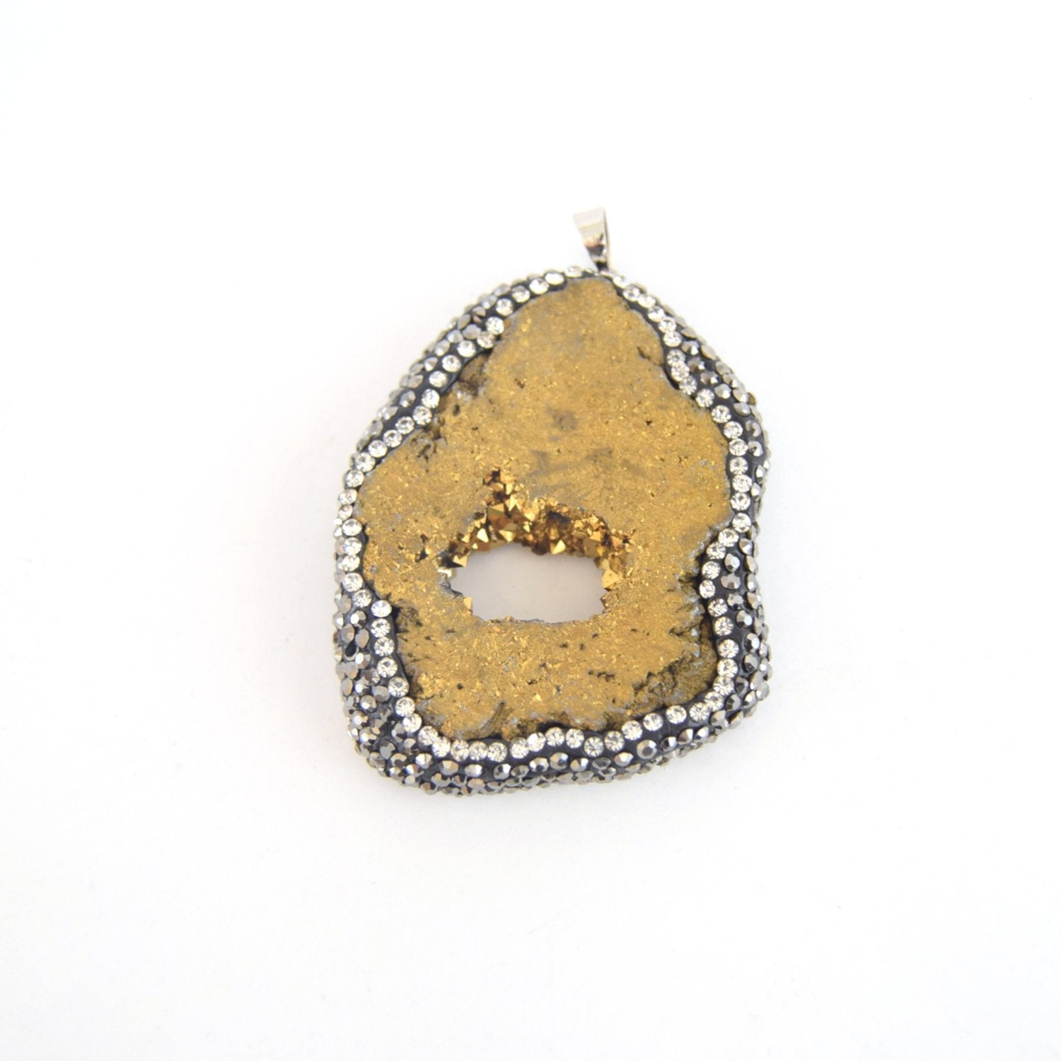 40mm x50mm approx. Pave Rhinestone Encrusted Gold Druzy Slab Pendant