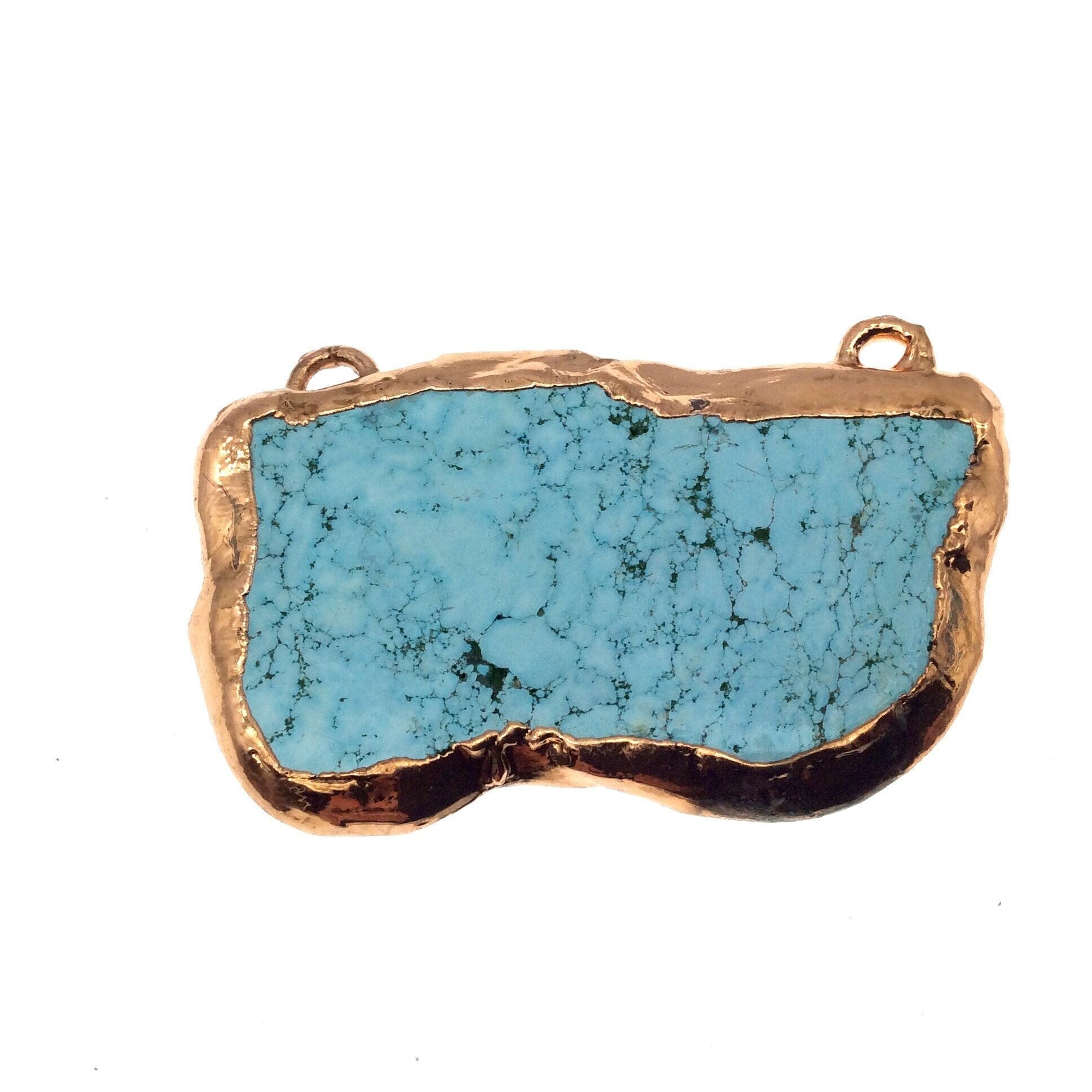 Chinese Turquoise Bezel | OOAK Rose Gold Electroplated Stabilized Freeform Shaped Two Loop Pendant "026" ~ 64mm x 37mm - Sold  As Pictured