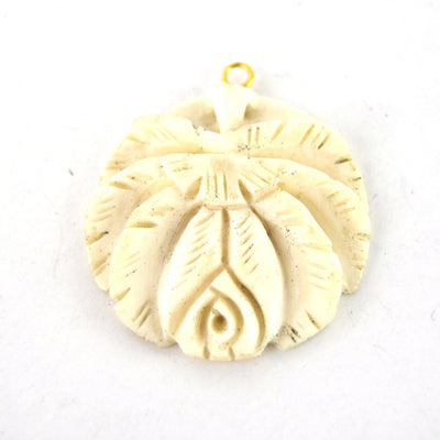 38mm x 40mm - White/Ivory - Hand Carved Rose - Round Shaped Natural Ox Bone Pendant