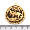 38mm x 40mm - Light Brown - Hand Carved Elephants - Round Shaped Natural Ox Bone Pendant