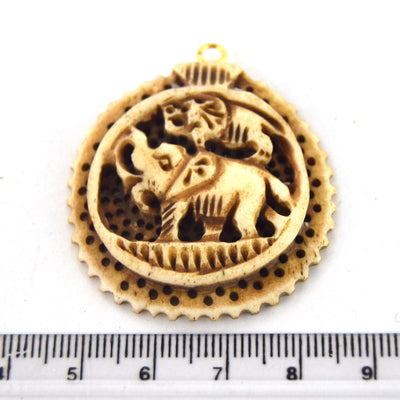 38mm x 40mm - Light Brown - Hand Carved Elephants - Round Shaped Natural Ox Bone Pendant