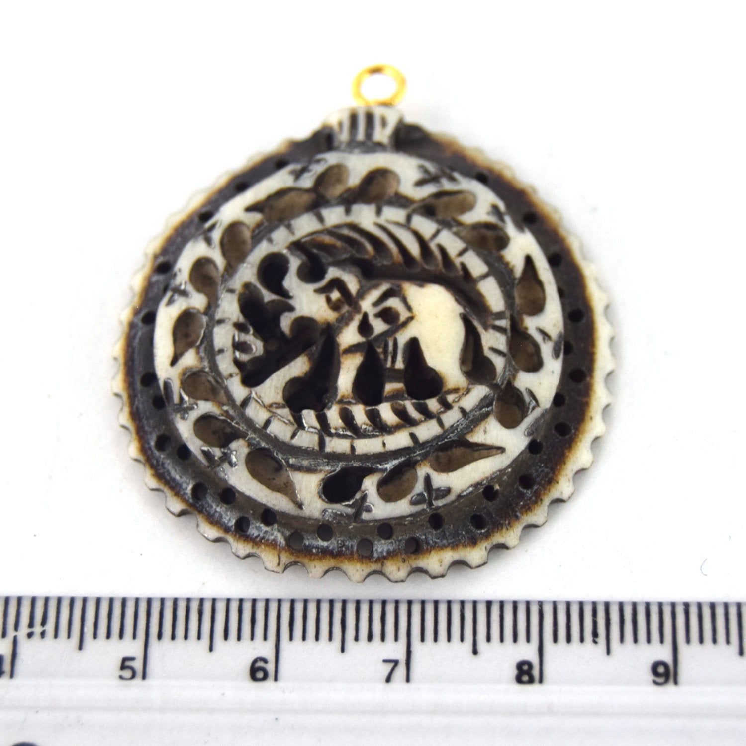 38mm x 40mm - White/Black - Hand Carved Elephant with Scallops- Round Shaped Natural Ox Bone Pendant