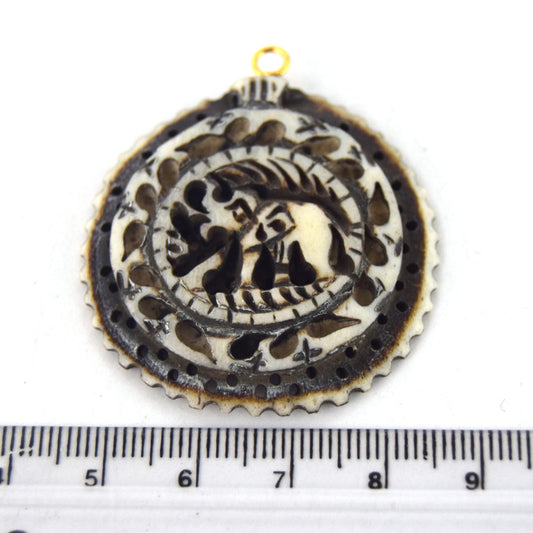 38mm x 40mm - White/Black - Hand Carved Elephant with Scallops- Round Shaped Natural Ox Bone Pendant
