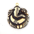 38mm x 40mm - White and Black - Hand Carved Ganesha - Round Shaped Natural Ox Bone Pendant