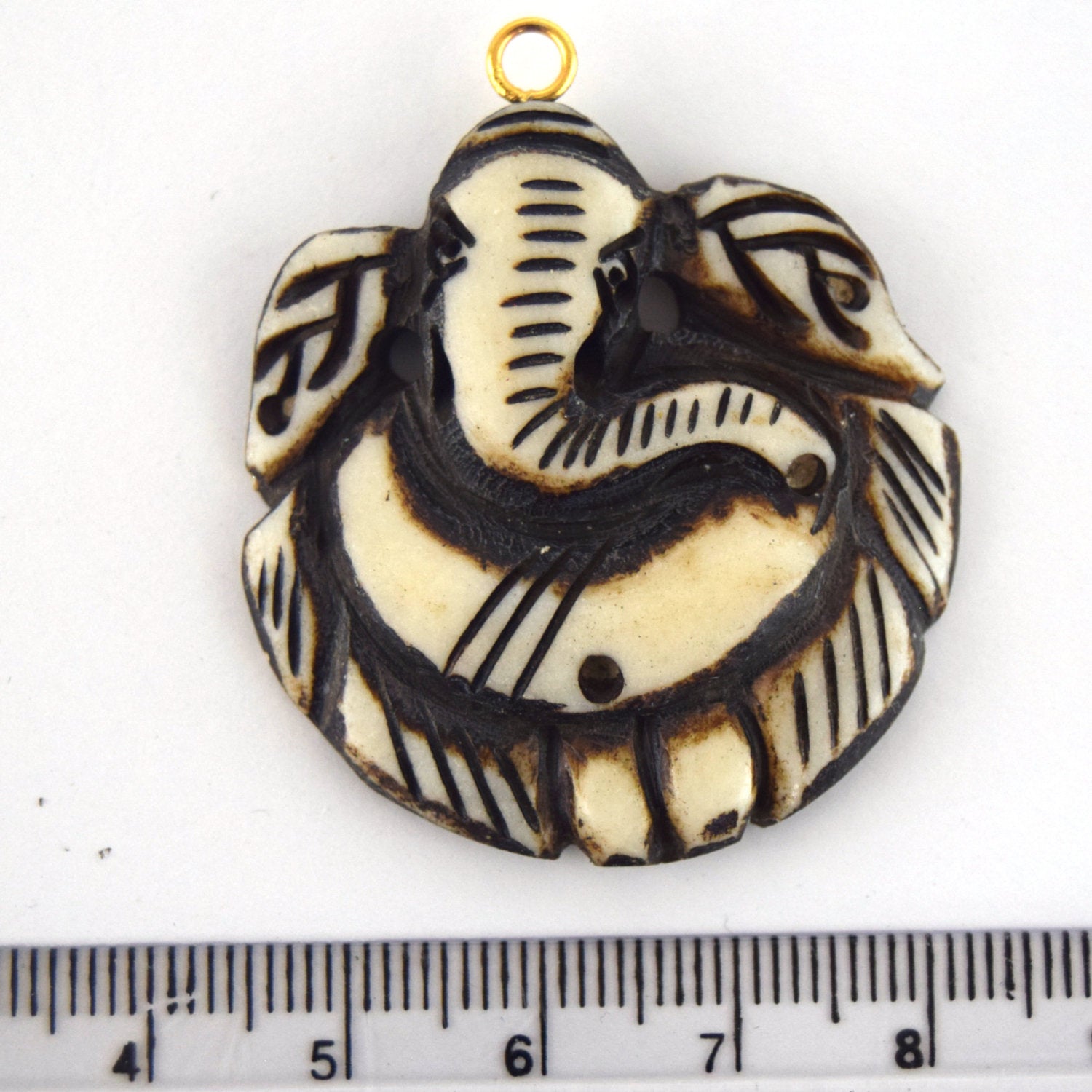 38mm x 40mm - White and Black - Hand Carved Ganesha - Round Shaped Natural Ox Bone Pendant