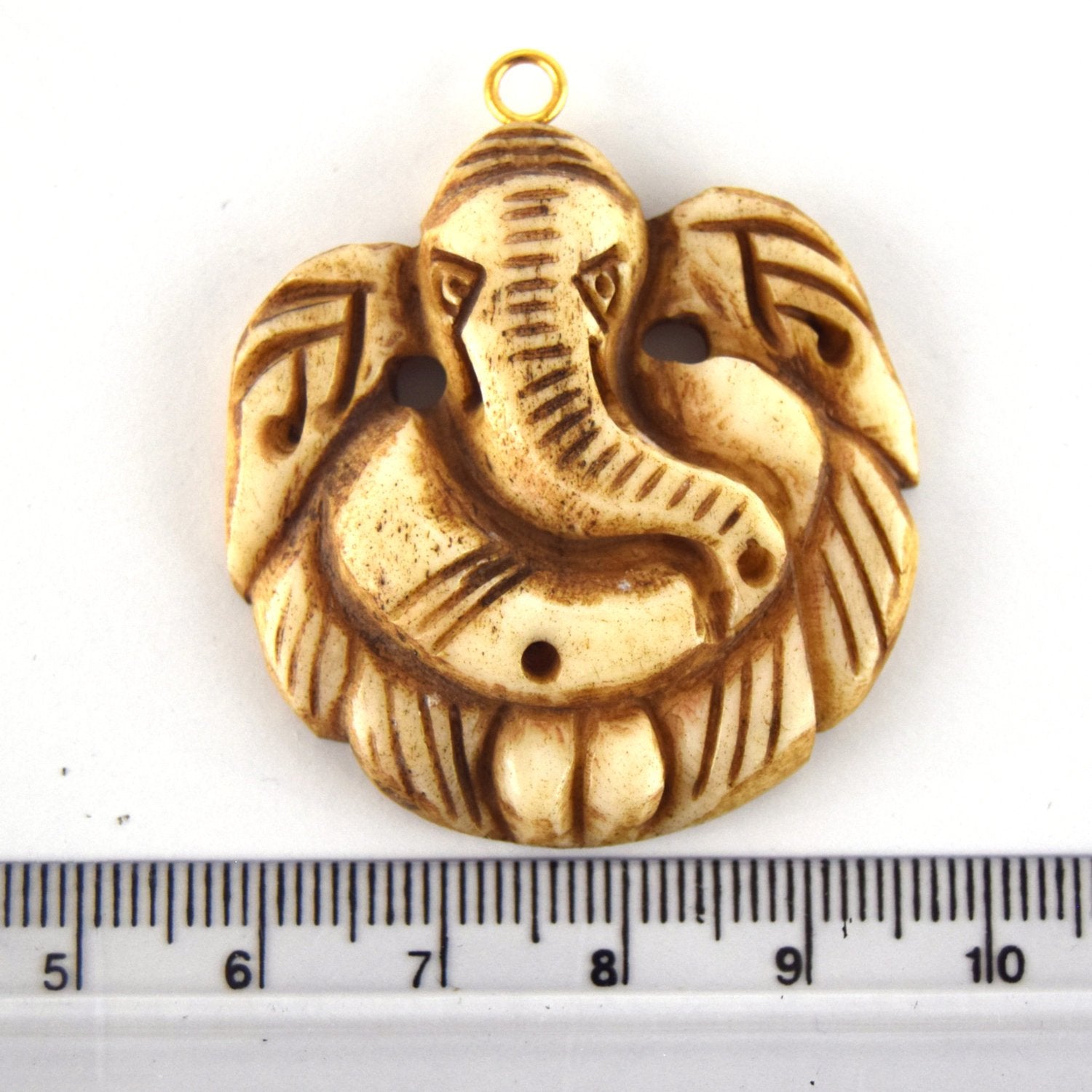 38mm x 40mm - Light Brown - Hand Carved Ganesha - Round Shaped Natural Ox Bone Pendant