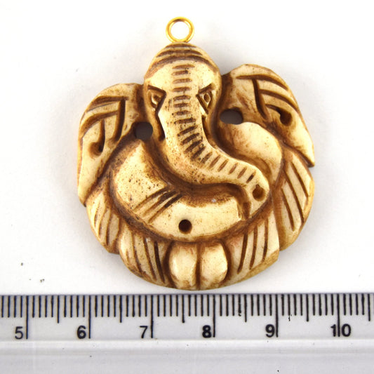 38mm x 40mm - Light Brown - Hand Carved Ganesha - Round Shaped Natural Ox Bone Pendant