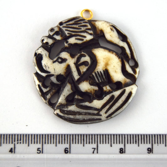 38mm x 40mm - White and Black - Hand Carved Elephant and Lion - Round Shaped Natural Ox Bone Pendant