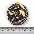 38mm x 40mm - White and Black - Hand Carved Elephant and Lion - Round Shaped Natural Ox Bone Pendant