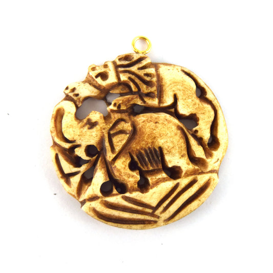 38mm x 40mm - Light Brown - Hand Carved Elephant and Lion - Round Shaped Natural Ox Bone Pendant