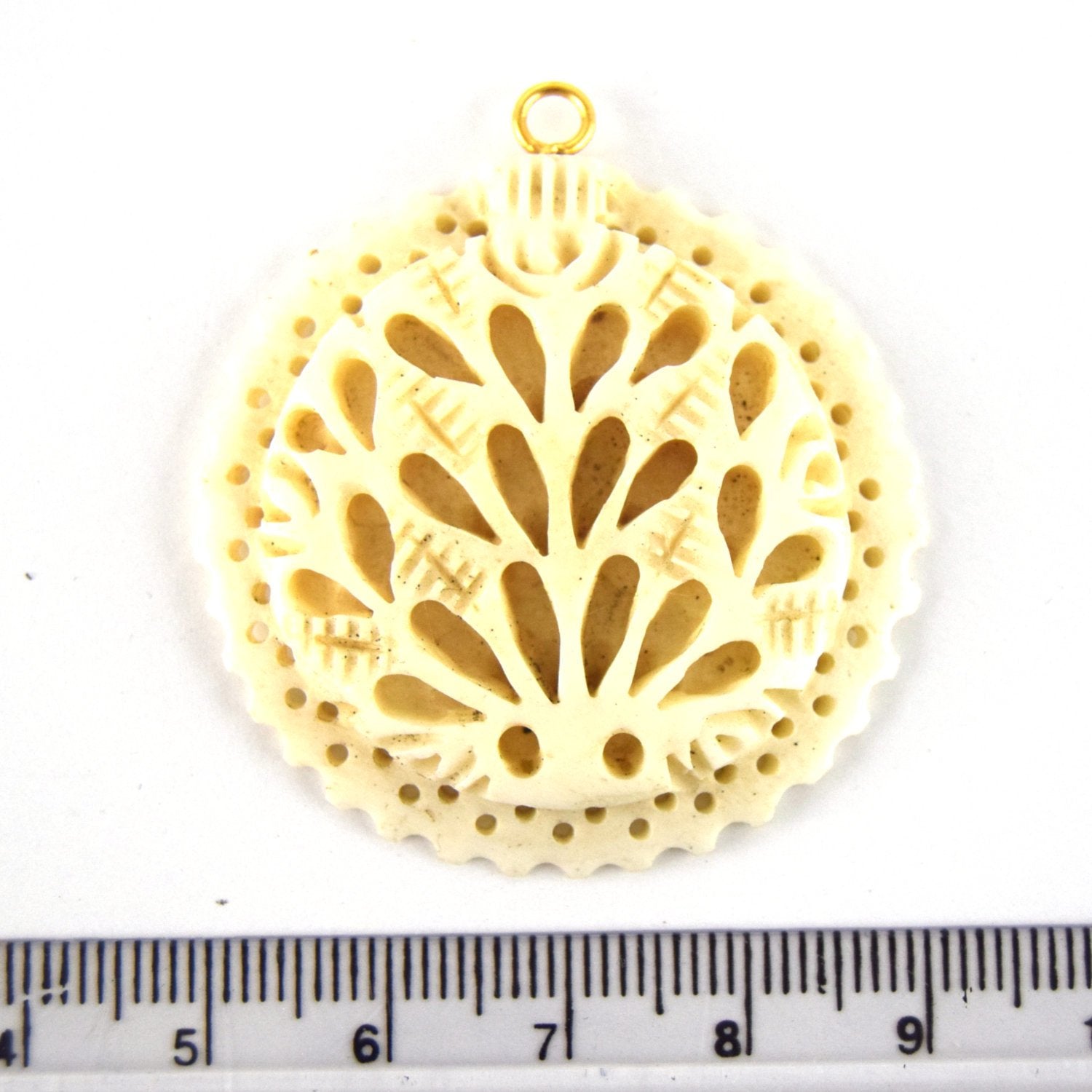 38mm x 40mm - White/Ivory - Hand Carved Peacock with Scallops- Round Shaped Natural OxBone Pendant