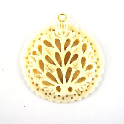 38mm x 40mm - White/Ivory - Hand Carved Peacock with Scallops- Round Shaped Natural OxBone Pendant