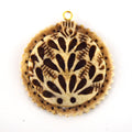 38mm x 40mm - Light Brown - Hand Carved Peacock with Scallops - Round Shaped Natural OxBone Pendant