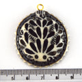 38mm x 40mm - White/Black - Hand Carved Peacock with Scallops- Round Shaped Natural Ox Bone Pendant