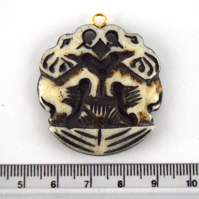 38mm x 40mm - White/Black - Hand Carved Dual Elephants- Round Shaped Natural Ox Bone Pendant