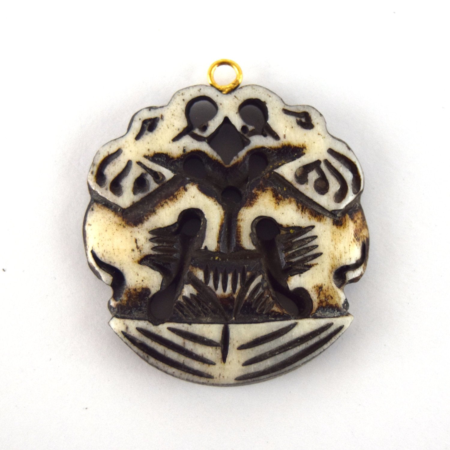 38mm x 40mm - White/Black - Hand Carved Dual Elephants- Round Shaped Natural Ox Bone Pendant