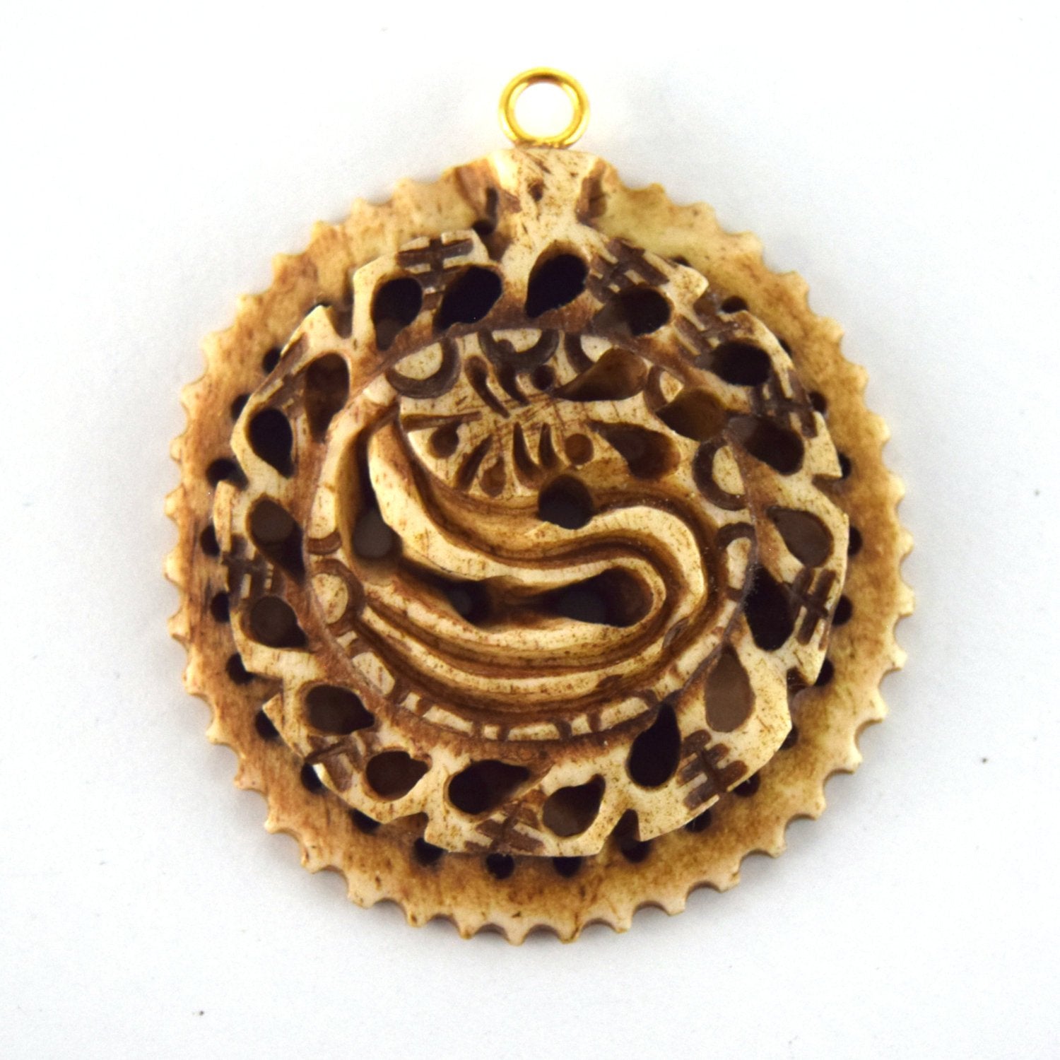 38mm x 40mm - Light Brown - Hand Carved Serpant - Round Shaped Natural OxBone Pendant