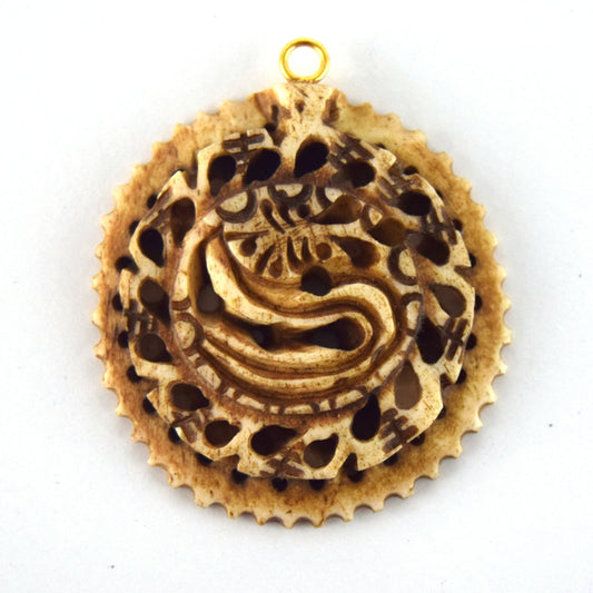 38mm x 40mm - Light Brown - Hand Carved Serpant - Round Shaped Natural OxBone Pendant