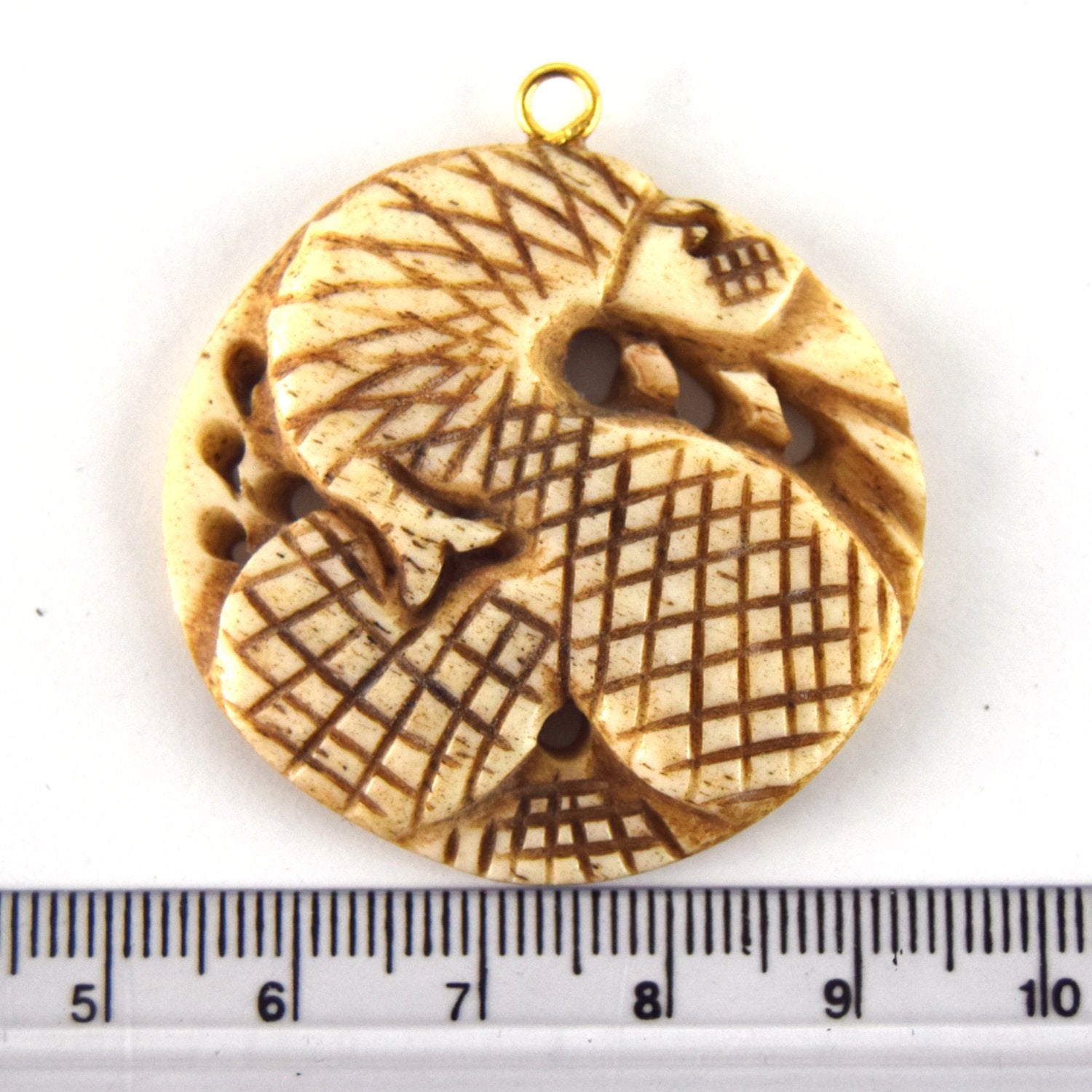 38mm x 40mm - Light Brown - Hand Carved Coiled Snake - Round Shaped Natural OxBone Pendant