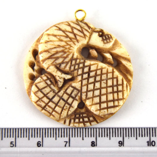 38mm x 40mm - Light Brown - Hand Carved Coiled Snake - Round Shaped Natural OxBone Pendant