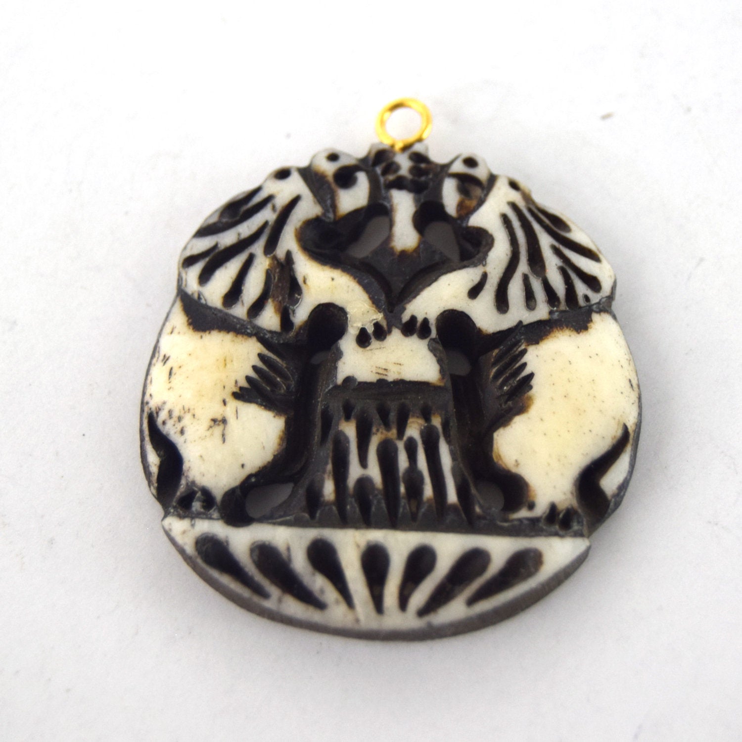 38mm x 40mm - White/Black - Hand Carved Dual Lions - Round Shaped Natural Ox Bone Pendant