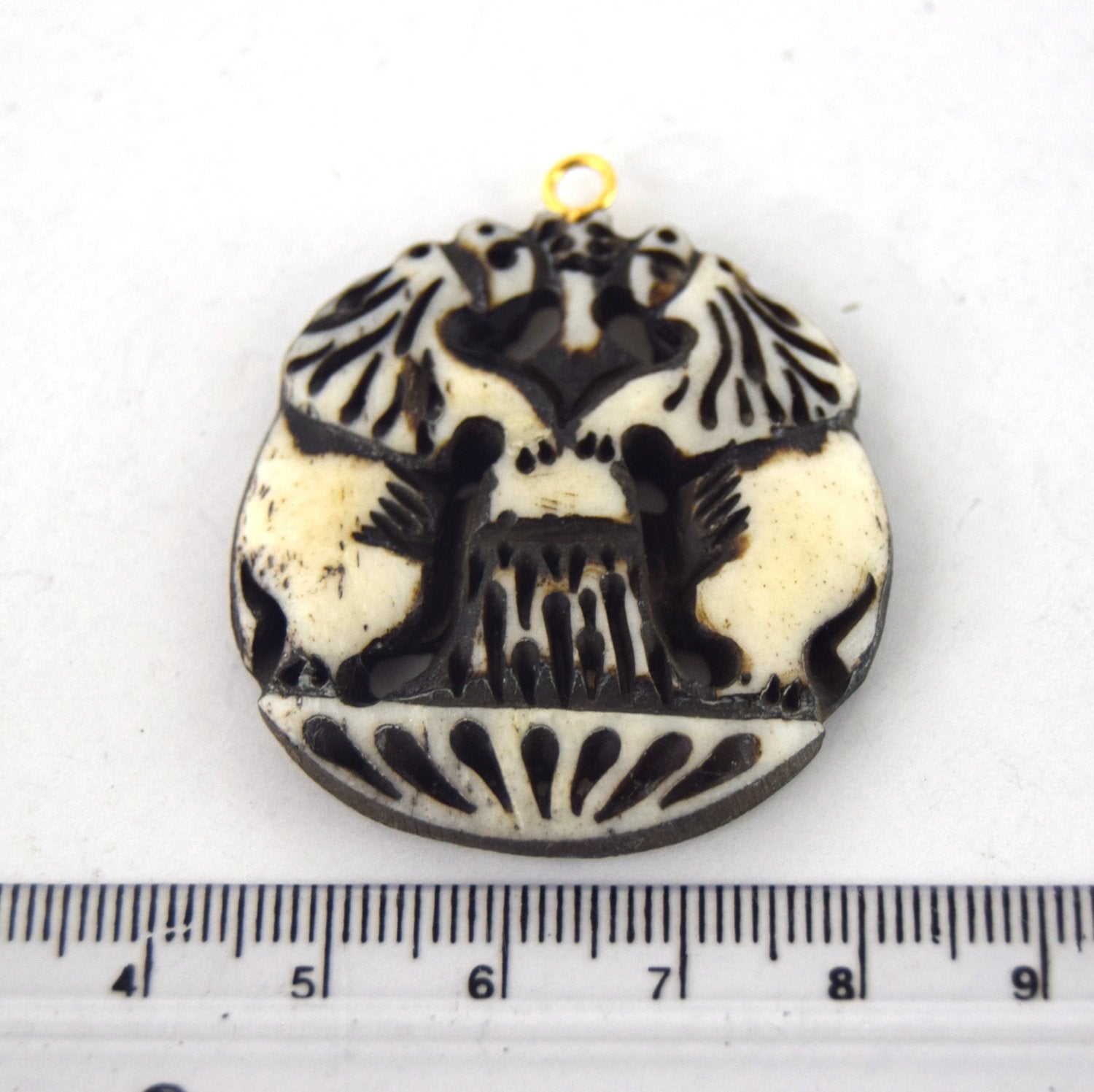 38mm x 40mm - White/Black - Hand Carved Dual Lions - Round Shaped Natural Ox Bone Pendant