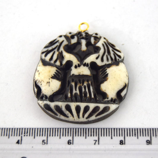 38mm x 40mm - White/Black - Hand Carved Dual Lions - Round Shaped Natural Ox Bone Pendant
