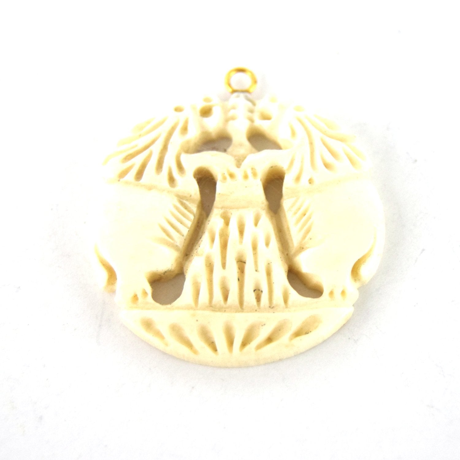 38mm x 40mm - White/Ivory - Hand Carved Dual Lions - Round Shaped Natural OxBone Pendant