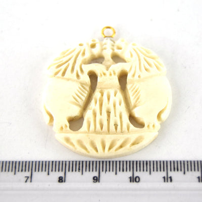 38mm x 40mm - White/Ivory - Hand Carved Dual Lions - Round Shaped Natural OxBone Pendant