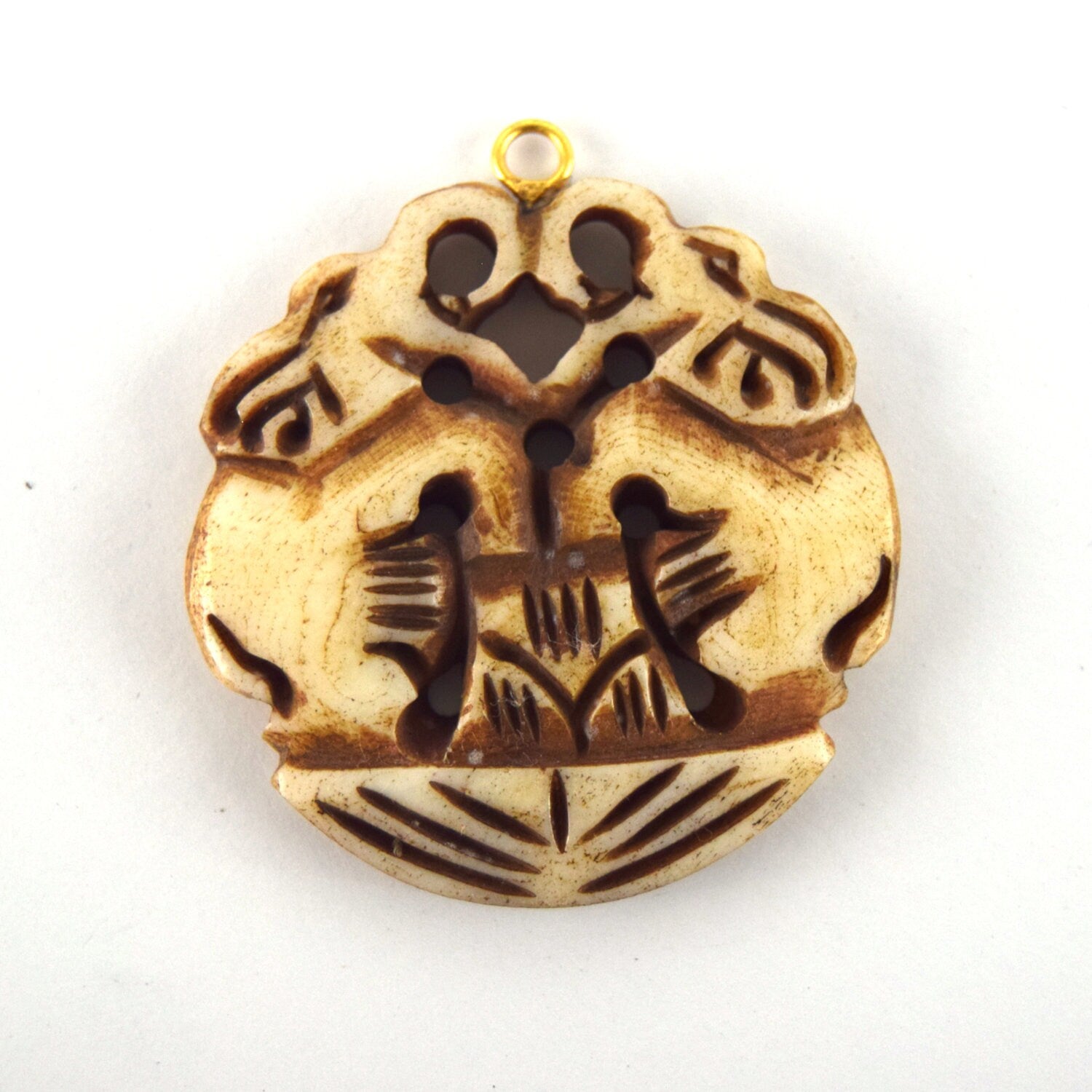 38mm x 40mm - Light Brown - Hand Carved Dual Elephants - Round Shaped Natural OxBone Pendant