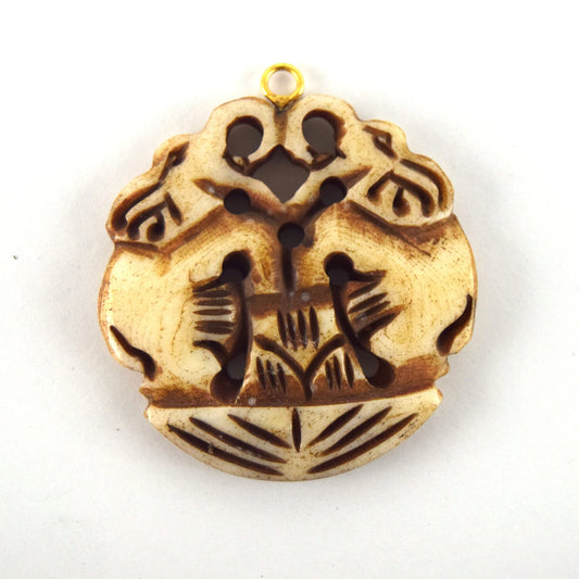 38mm x 40mm - Light Brown - Hand Carved Dual Elephants - Round Shaped Natural OxBone Pendant