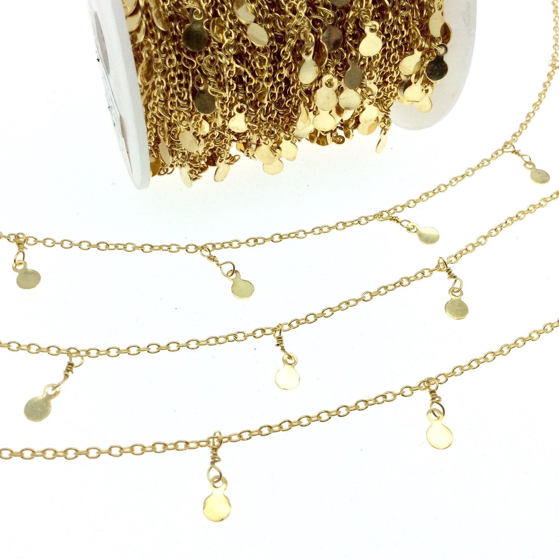 Gold Plated Brass Spaced Single Dangle Wrapped Chain with 4mm Gold Disc/Coin Round Dangles - Sold by 1 Foot Length!
