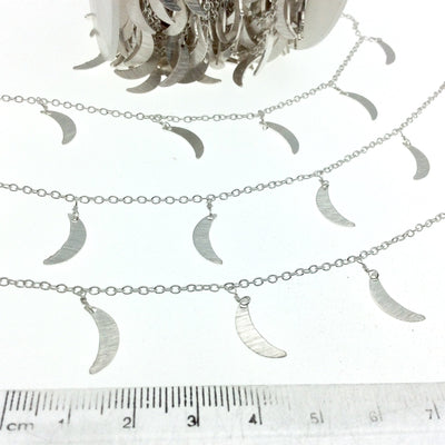 Silver Plated Copper Spaced Single Dangle Wrapped Chain with 3mm x 12mm Silver Crescent Moon Shaped Dangles - Sold by 1 Foot Length!