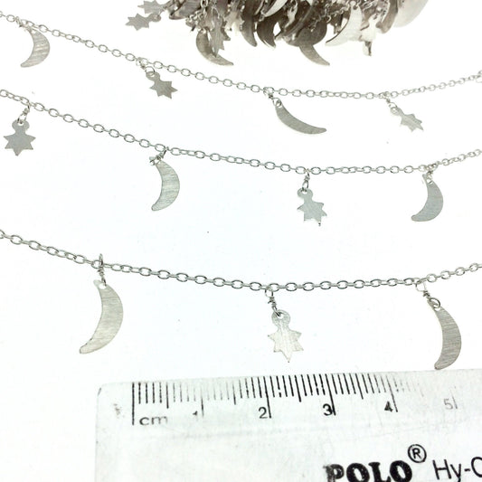 Silver Plated Copper Spaced Single Dangle Wrapped Chain with 9mm-12mm Long Silver Sun/Star and Moon Dangles - Sold by 1 Foot Length!