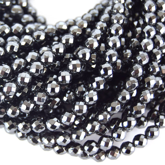 6mm Faceted Natural Hematite Round/Ball Shape Beads - Semi-Precious Gemstone