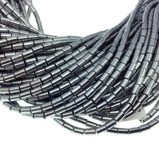 3mm x 5mm Smooth Natural Metallic Silver Coated Hematite Tube Shape Beads - Sold by 16" Strands (~ 80 Beads) - Semi-Precious Gemstone