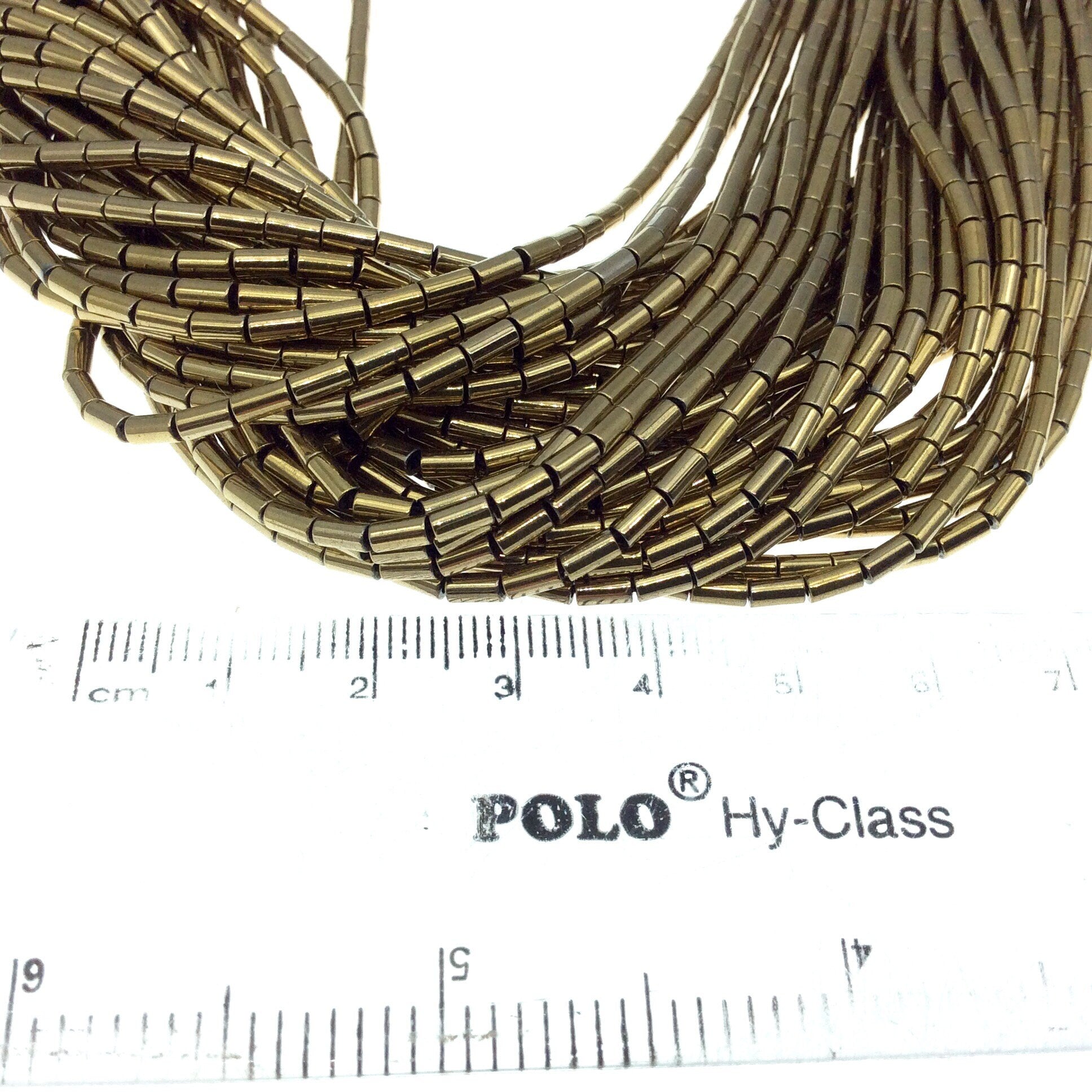 2mm x 4mm Smooth Natural Metallic Gold Coated Hematite Tube Shape Beads - Sold by 16" Strands (~ 98 Beads) - Semi-Precious Gemstone