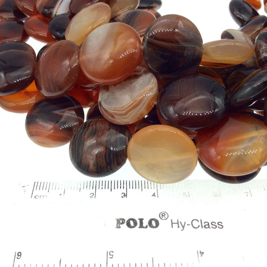 22mm Red Brown Banded Agate Round/Coin Beads - 15.5" Strand (Approx. 18 Beads per Strand) - Natural Semi-Precious Gemstone