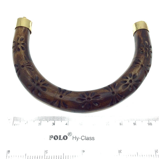 Hand Carved Brown Double Ended U-Shaped Crescent with Flower Design - Natural Ox Bone Focal Pendant - 130mm x 85mm