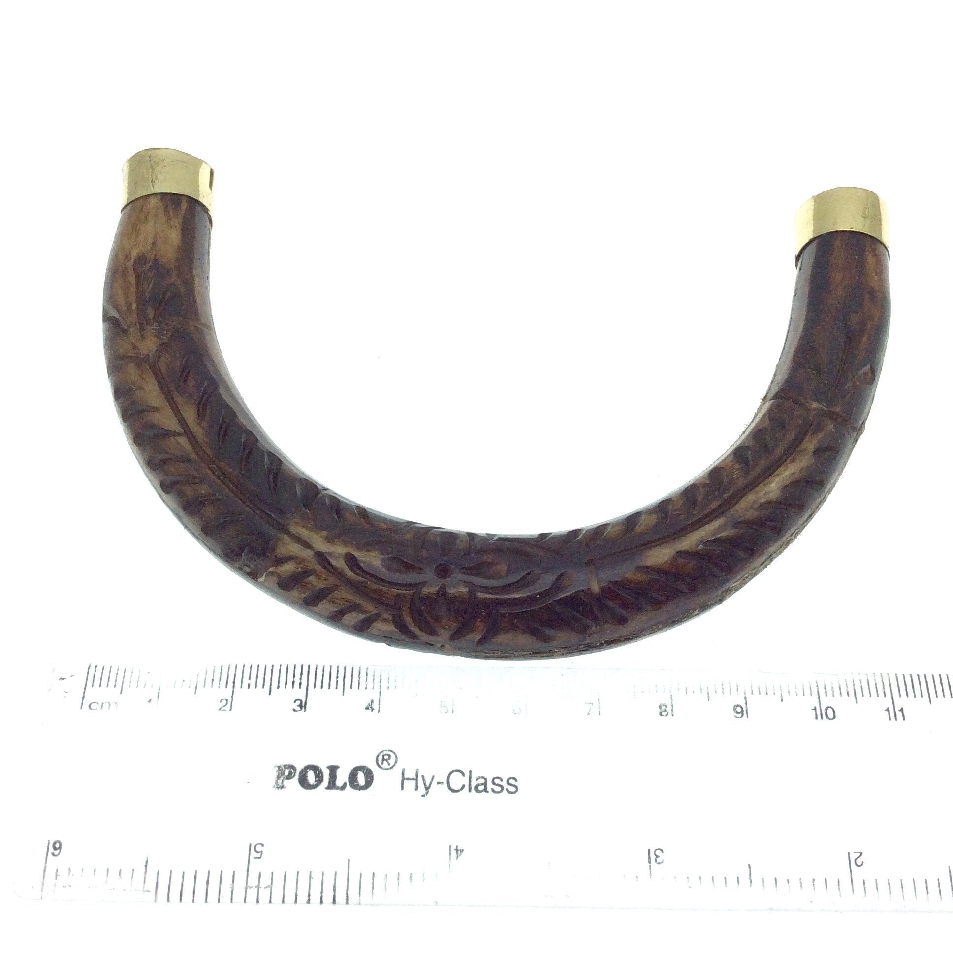 Hand Carved Brown Double Ended U-Shaped Crescent with Flower and Vine Design - Natural Ox Bone Focal Pendant - 130mm x 85mm