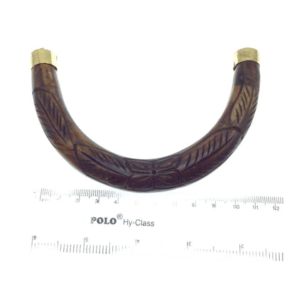 Hand Carved Brown Double Ended U-Shaped Crescent with Flower and Leaves Design - Natural Ox Bone Focal Pendant - 130mm x 85mm