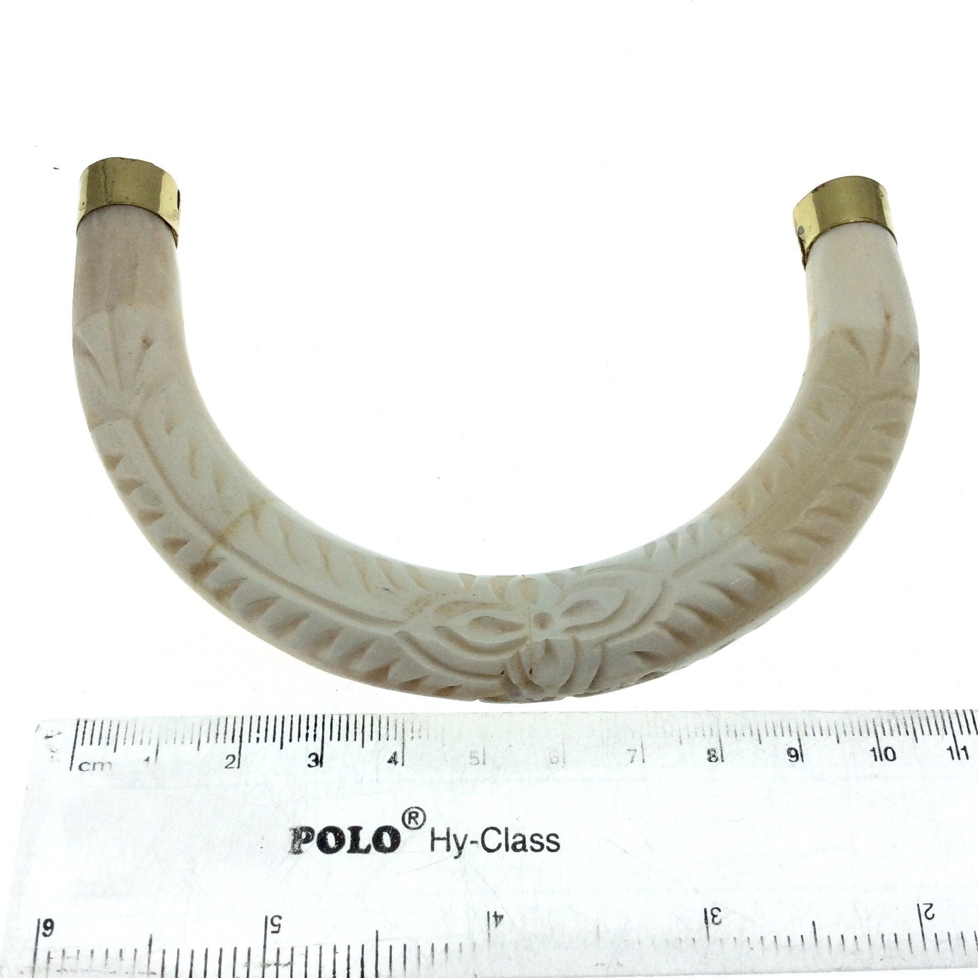 4.75" Extra Large White/Ivory With Gold Rope and Circle Inlays Double Ended U-Shaped Crescent Natural Ox Bone Focal Pendant - 130mm x 85mm