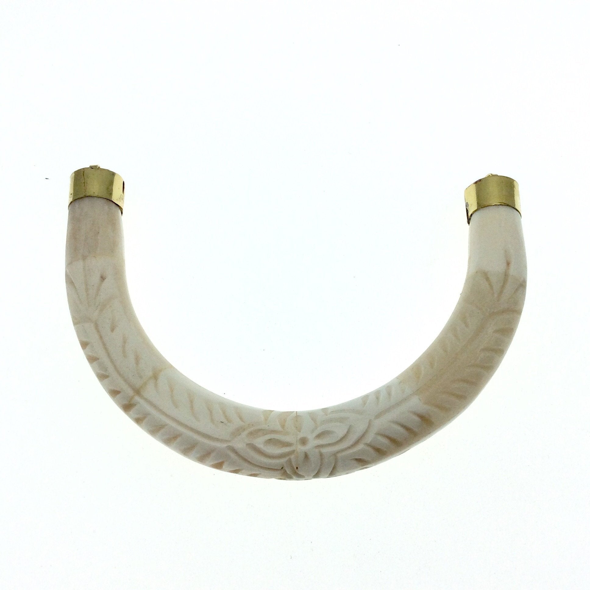 4.75" Extra Large White/Ivory With Gold Rope and Circle Inlays Double Ended U-Shaped Crescent Natural Ox Bone Focal Pendant - 130mm x 85mm